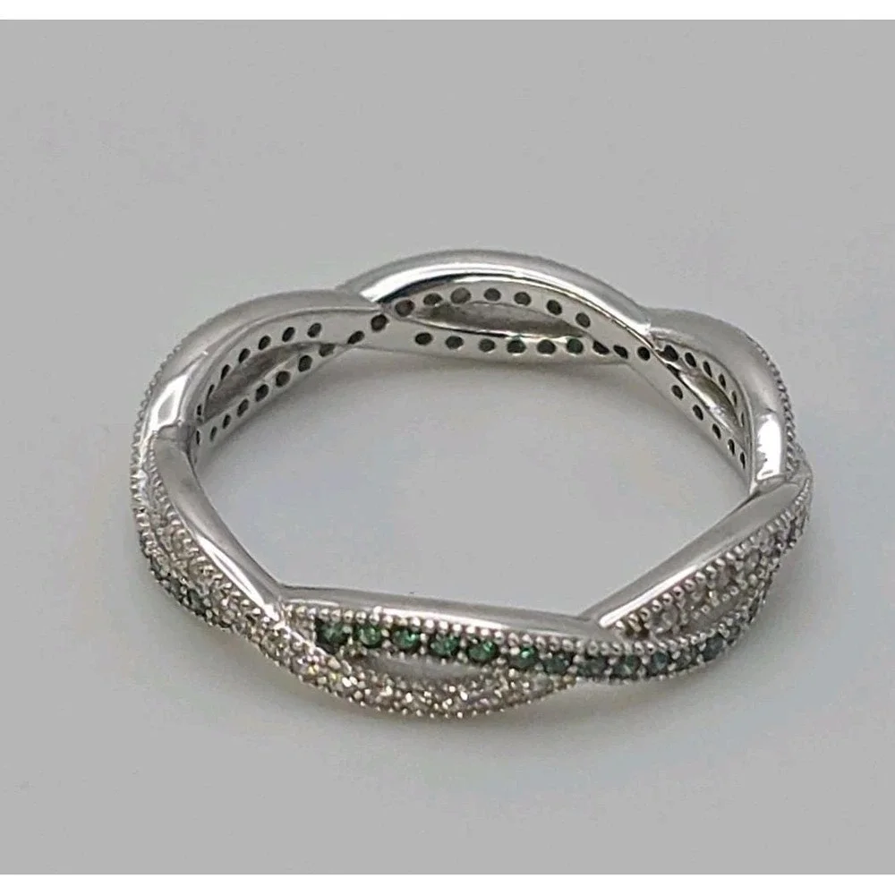 Vtg 925 Sterling‎ Silver Ring Criss-Cross Green Crystal Cubic Zirconia Size 7.25